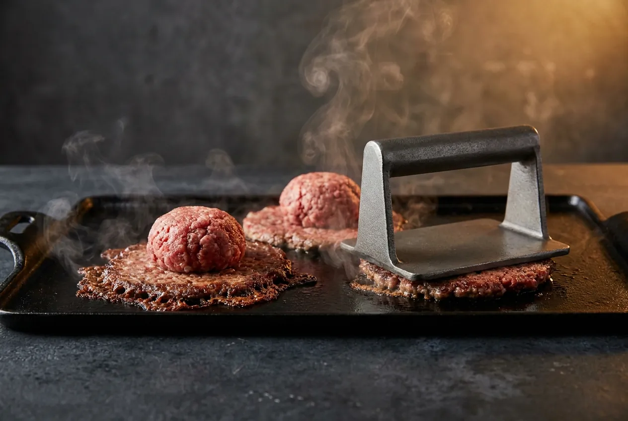 Beef patties being pressed on a hot flat-top