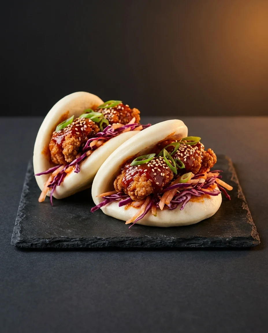 Two bao buns with crispy chicken, red cabbage and spring onion