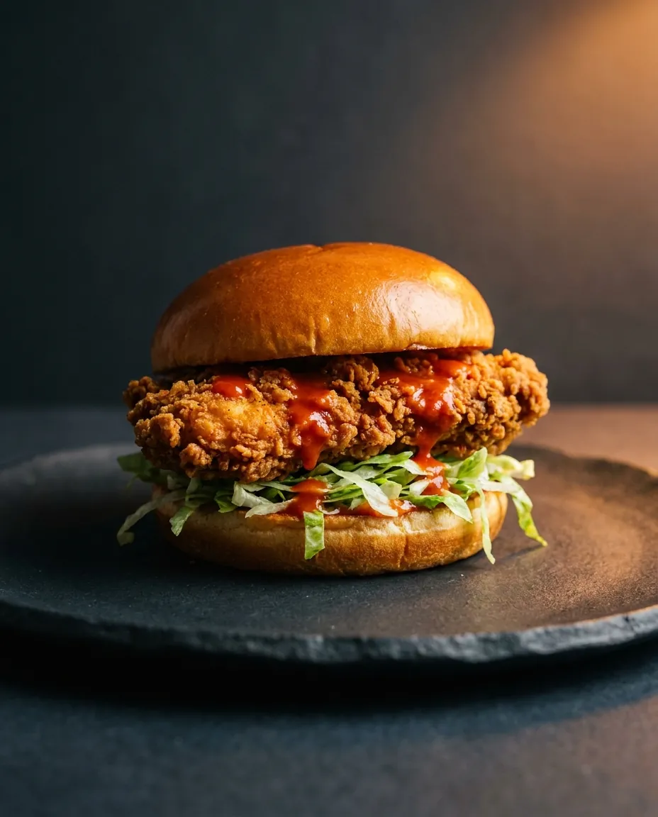 A crispy fried chicken burger