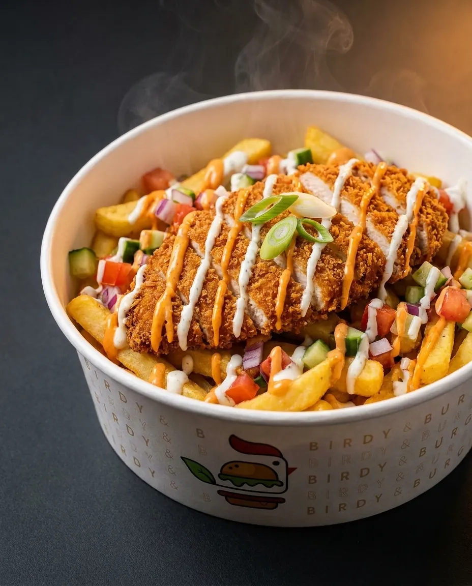 A Loaded Fries Bowl in a Birdy & Burger bowl: a crispy chicken fillet over fries with diced vegetables, sriracha mayo and ranch