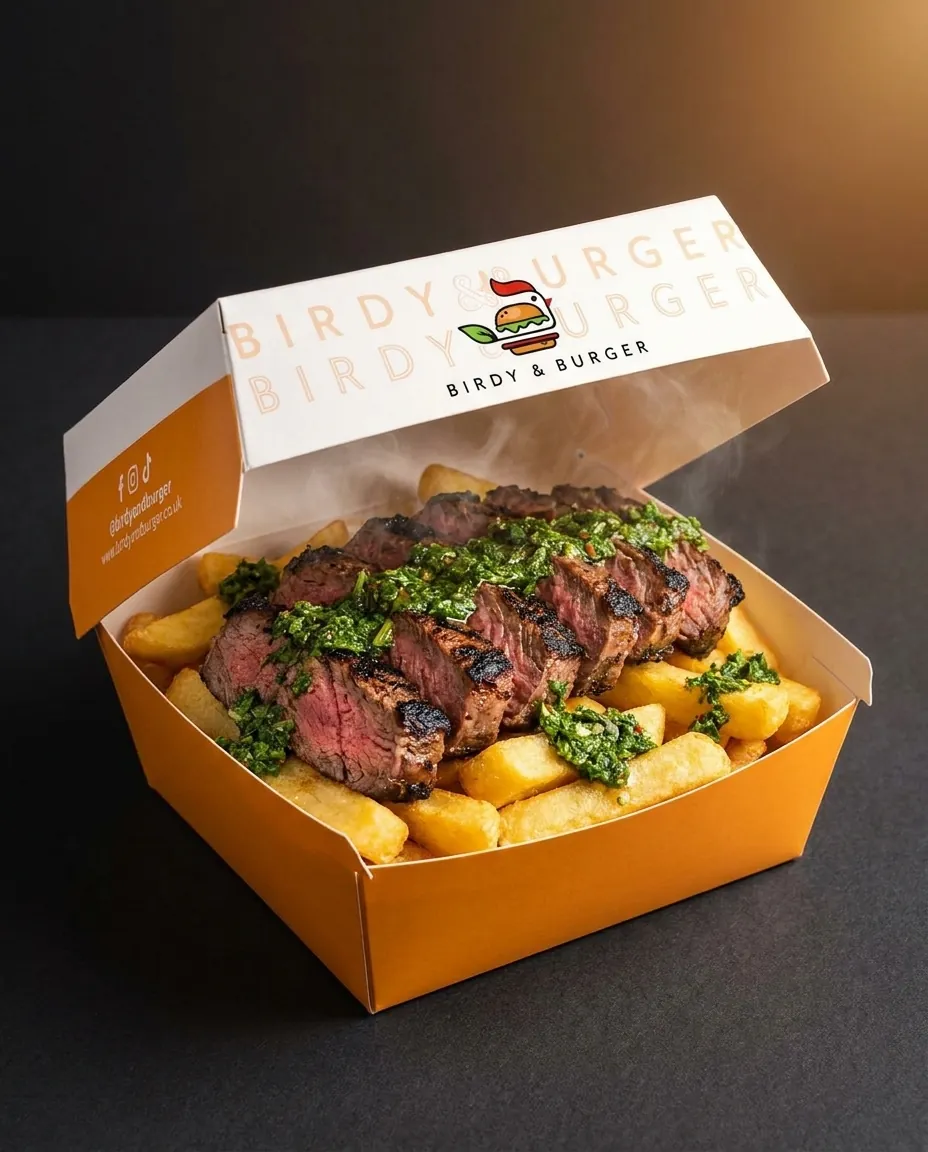 Sliced grilled steak with chimichurri over chips in an open Birdy & Burger box