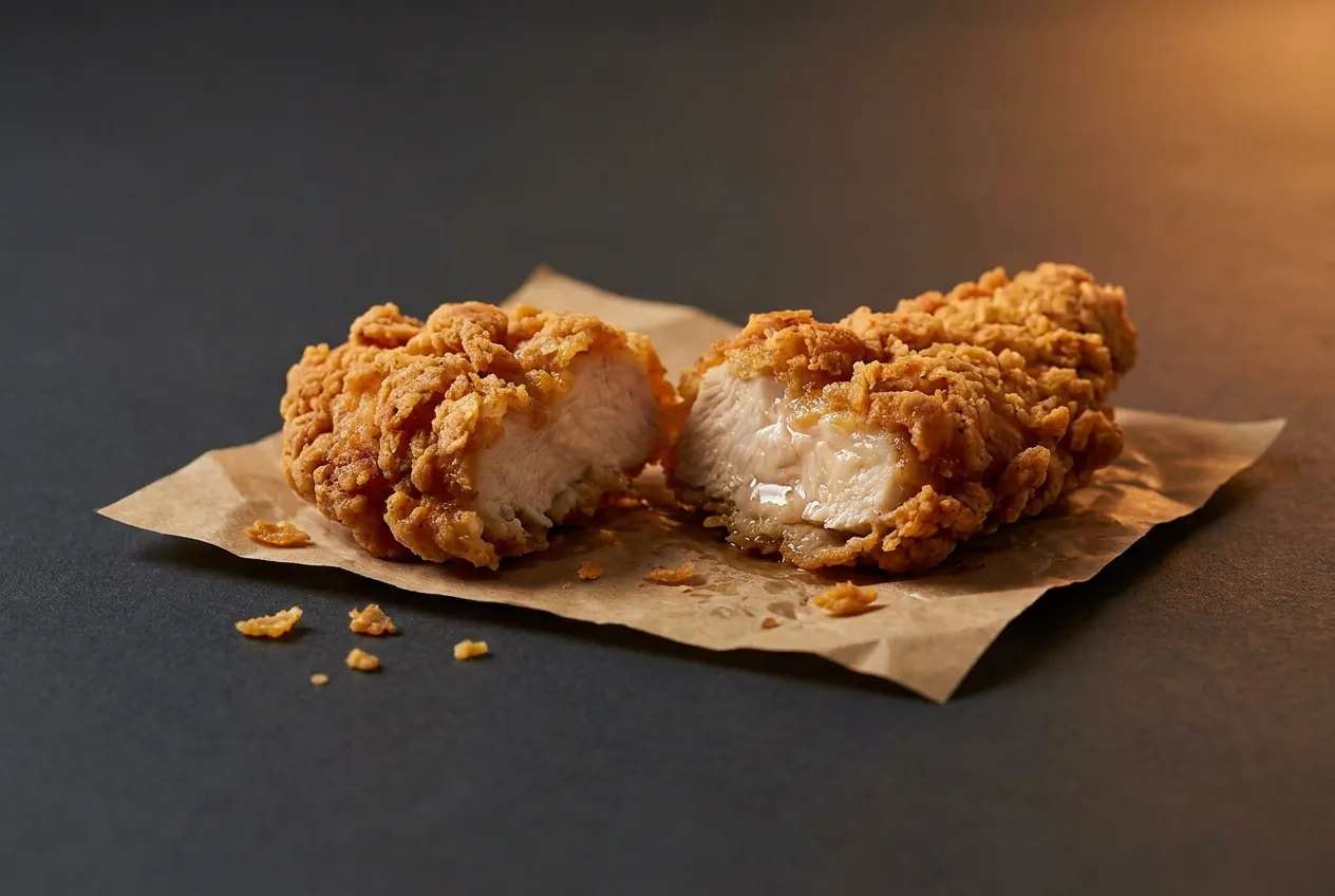 A fried chicken fillet broken open, crisp crust and juicy centre