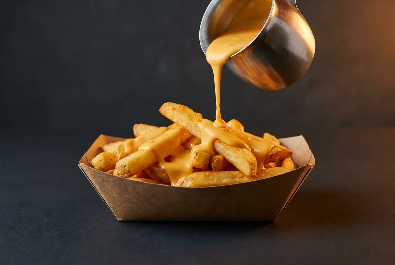 Cheese sauce poured over thick-cut fries