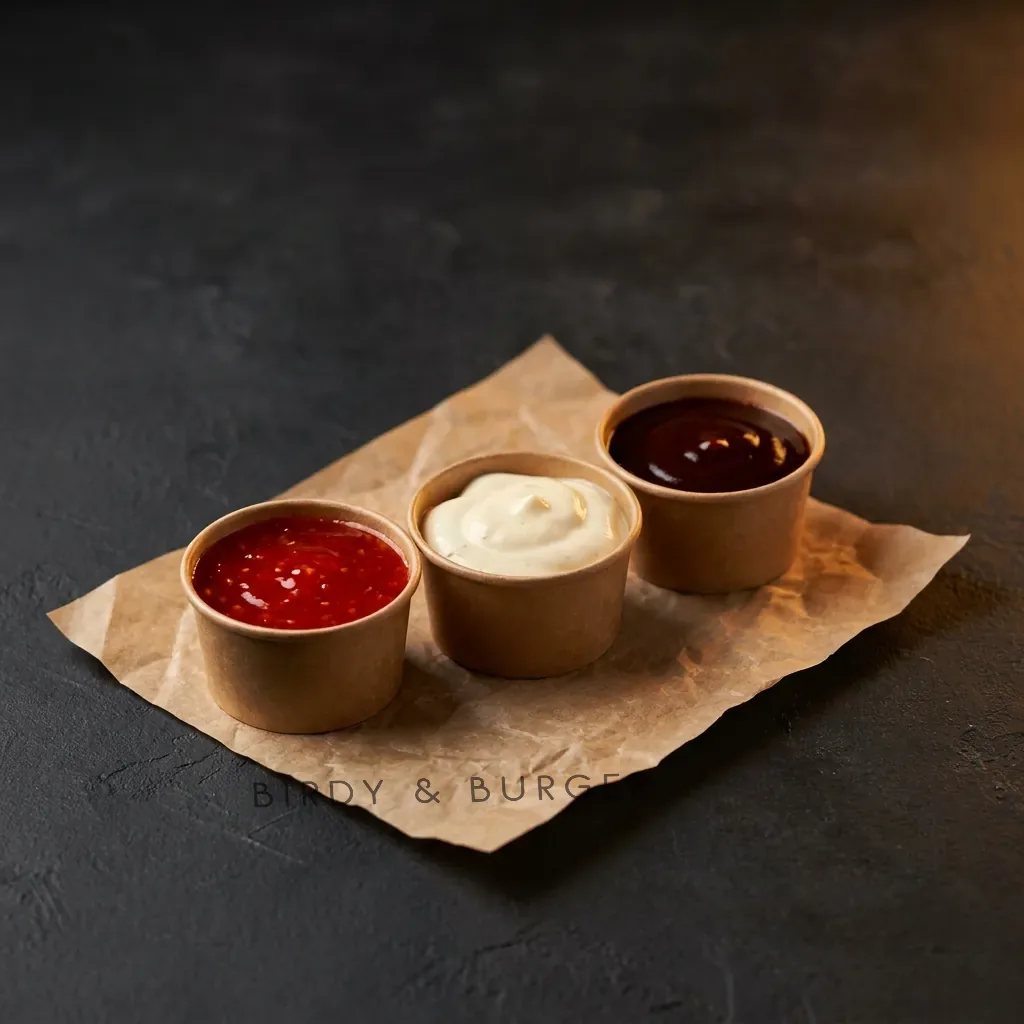 Three pots of house sauces on kraft paper