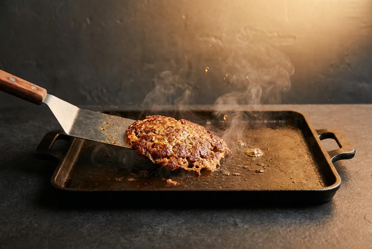 A spatula sliding under a smashed patty on the griddle