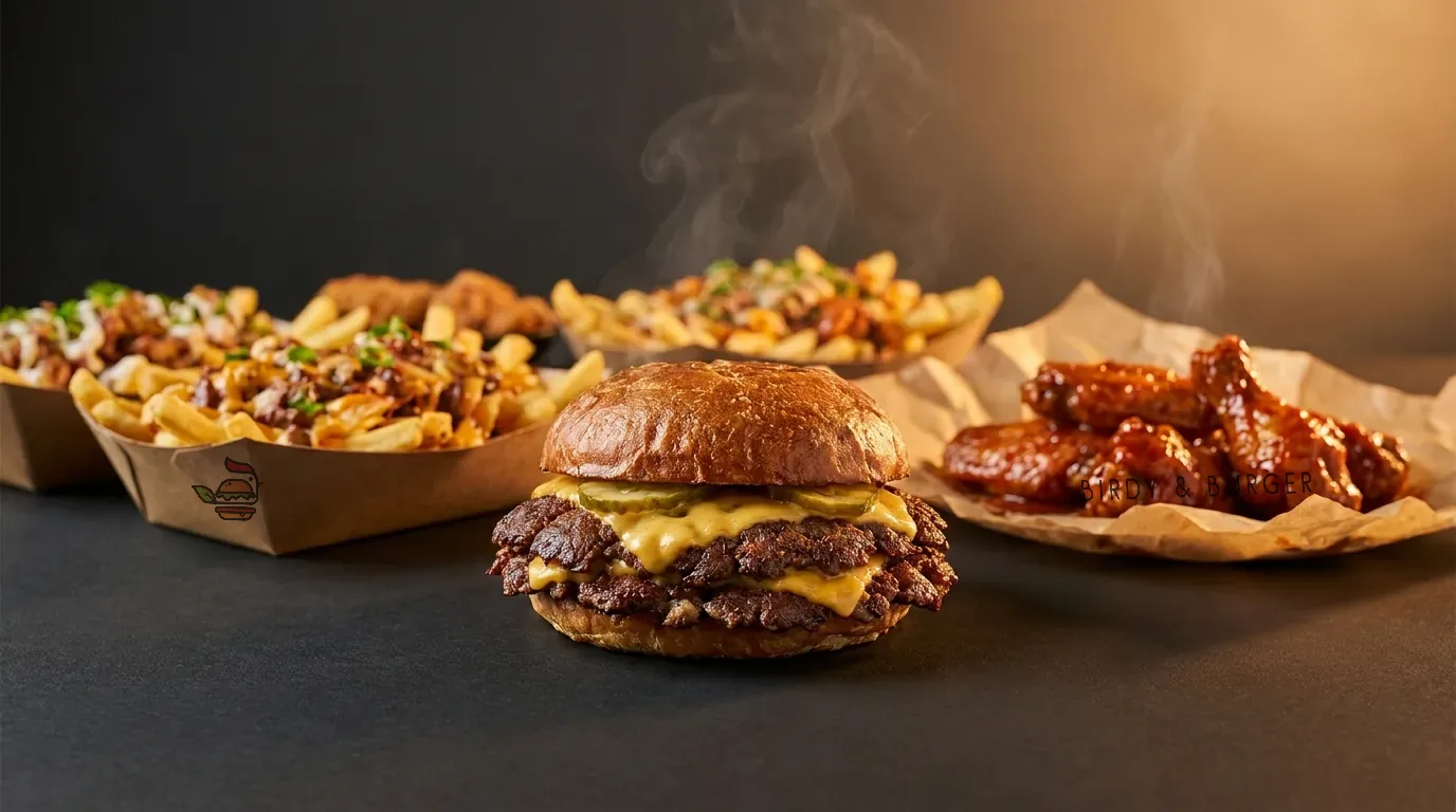 Smash burgers, loaded fries and hot wings on kraft paper