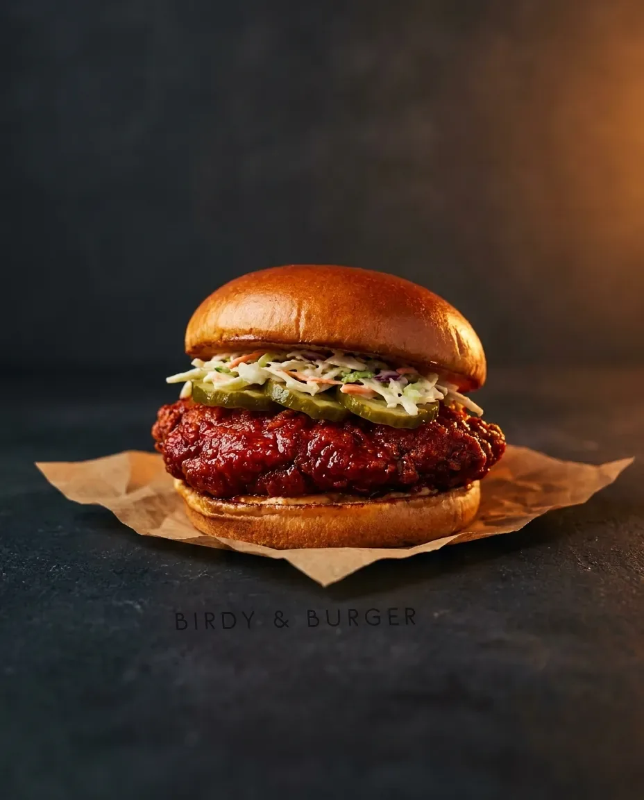 A crispy chicken burger glazed deep red